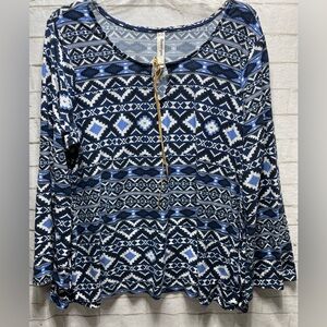 B&B Boutique‎ Women’s 2X Blue Print Long Sleeve Tunic Top Boho